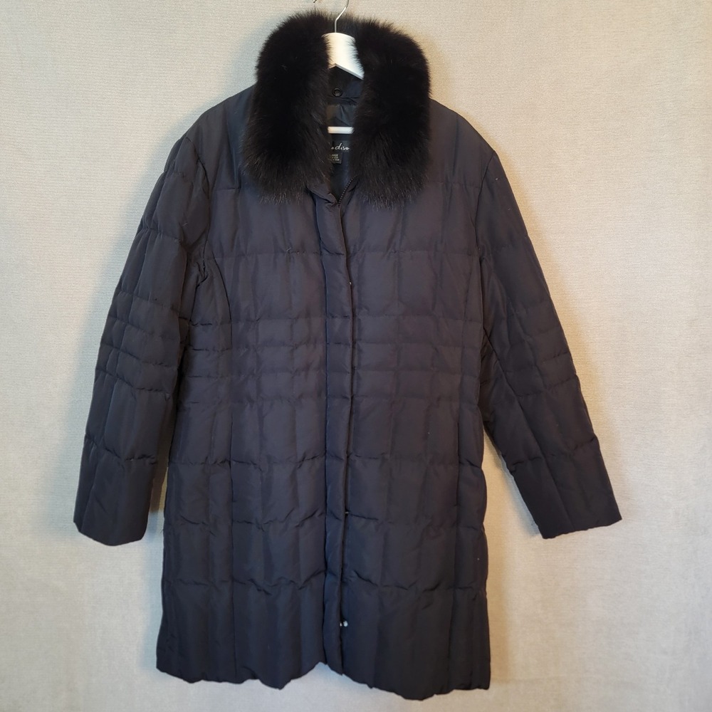 1 Madison Down Coat Fox Fur Collar Long Quilted Full Zip Womens Large Jacket
